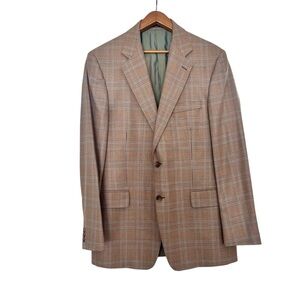 Allen Flusser Silk Wool Beige Blue Men's Plaid Blazer 42 Long Tall